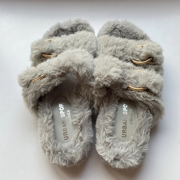 J/Slides BABEE Blue Faux Fur Double Buckle Slippers Slip Ons in Grey Gray Size 6 - Picture 2 of 4